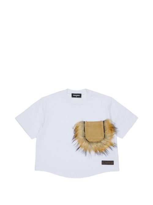 T-shirt bambina Dsquared2 bianca cropped con taschino in velluto Dsquared Kids | DQ3467D0AJ7DQ100